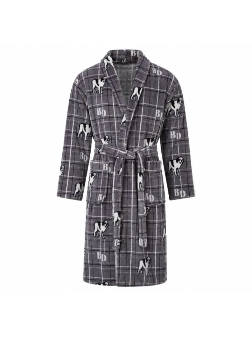 Big Dogs Plush Fleece Bath Robe Gray Plaid One Size Belted Soft Men's Robe